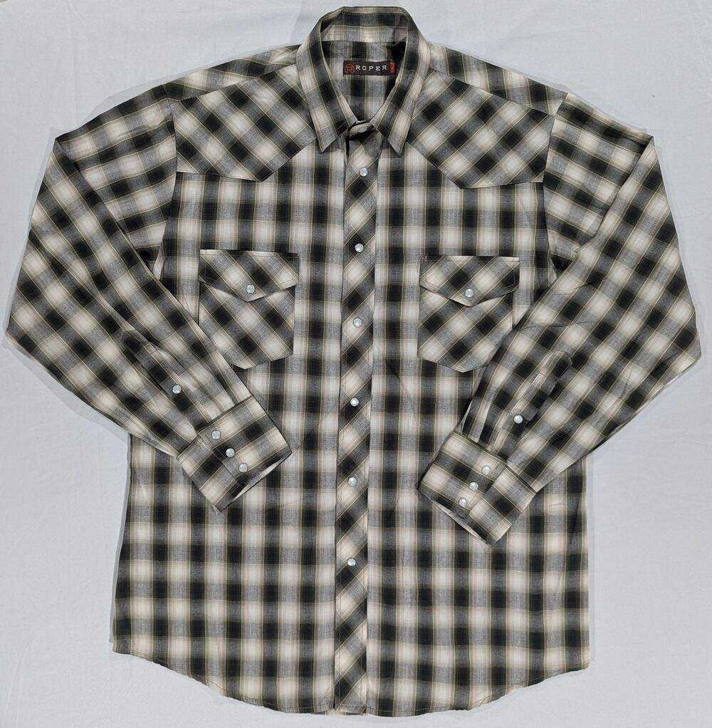 Roper Shirt Mens L Gray Plaid Long Sleeve Western Pearl Snap Pockets Casual